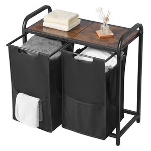 Grande Cesto Portabiancheria Autoportante in Metallo con Piano in Legno e 2 Cestini per un'Organizzazione Efficiente - Product Image 1