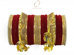 Hot Selling Wine Red Velvet Bridal <b>Wedding</b> Bangles Set Premium Gold Plated Hanging Bells at Wholesale Price for Women - Product Image 3