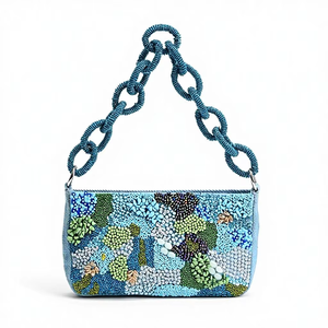 Bolso de Hombro de Lujo para Mujer, Diseño Clásico Hecho a Mano con Cuentas Azules en Forma de Media Luna, con Cadena Magnética, para Fiestas y Eventos - Product Image 1