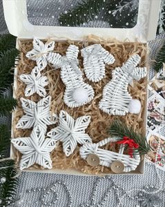 White Handmade Rattan Christmas Ornaments Snowflake Reindeer Sleigh Hanging Rustic Decor Medium Size White - Product Image 1