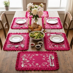 Indian Hand Embroidered Chikankari Georgette <b>Placemats</b> for Home, Hotels, Bars, Luxury Floral Furnishing - Product Image 3