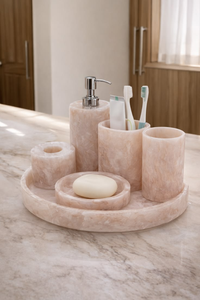 Ensemble de salle de bain moderne en résine, six pièces, distributeur de savon rectangulaire, porte-brosse à dents, boîte à mouchoirs, plateau, facile à nettoyer, pour comptoir - Product Image 2