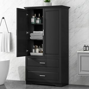 Mobiletto Alto da Bagno in MDF con Due Ante e Cassetti, Ripiano Regolabile, Accessorio per Arredamento - Product Image 1