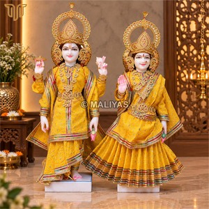 Estatua de mármol del Señor Vishnu Lakshmi |   Murti de Laxmi Narayan Hecho a Mano con Adornos Dorados |   MALIYAS Jaipur - Product Image 2