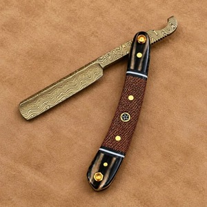 Rasoir droit IKZARSA, lame en acier inoxydable, rasoir à bord simple pour barbier, utilisation visage et corps, manche texturé marron, accents dorés - Product Image 4