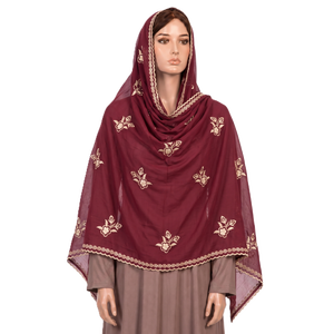 Wholesale Voile <b>Shawl</b> Floral Golden Embroidered Scroll Border Lightweight Breathable OEM ODM Custom - Product Image 1