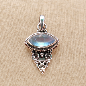 Colgante Vintage de Plata de Ley 925 con Piedra Lunar Arcoíris de Fuego Azul Natural, Engaste Marquise, Chapado en Oro Rosa y Oro Amarillo - Product Image 5