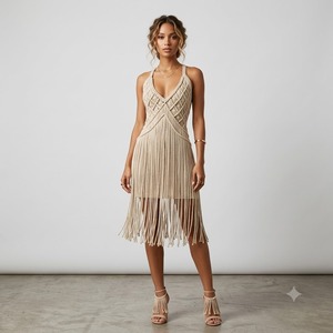 Vestido de una pieza hecho a mano con flecos de macramé, estilo bohemio, para playa, 100% algodón, con escote descubierto, talla grande - Product Image 3
