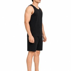 Men Two Piece <b>Set</b> Sleeveless Tank Top And Shorts Solid Black Casual Summer Wear Breathable <b>Knitted</b> Cotton Gym Outfit <b>Set</b> For Men - Product Image 2