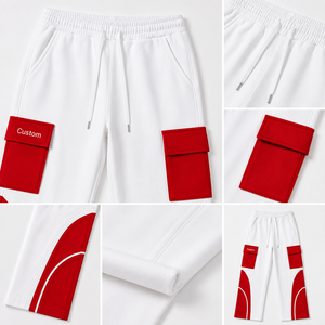 Pantalones Deportivos Cargo para Hombre, Blancos con Detalles Rojos, 100% Algodón, Forro Polar Ecológico, Bolsillos Utilitarios, Estilo Urbano, Joggers - Product Image 4