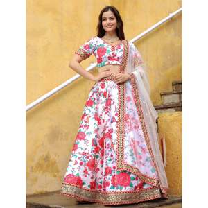 Séduisant blanc cassé imprimé floral Art soie Sangeet Wear Lehenga Choli - Product Image 2