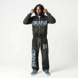 Ensemble de survêtement streetwear d'hiver pour homme : sweat à capuche zippé et pantalon de survêtement évasé avec logo de marque imprimé, coupe ample longue - Product Image 5