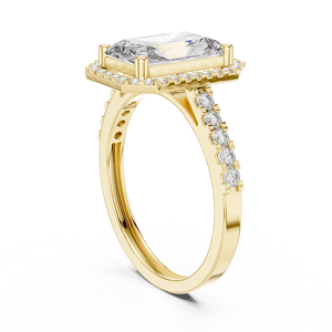 Anillo de compromiso de oro amarillo con diamante de corte ovalado y halo, joyería de boda con acento de diamante redondo brillante y corte radiante - Product Image 2