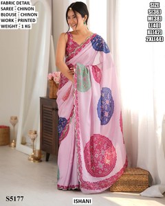 Ishani Women's Chinon Saree Printed Work Regular Fit Floor Length Traditional Style Moisture Wicking Wrinkle Free Wedding - Product Image 1