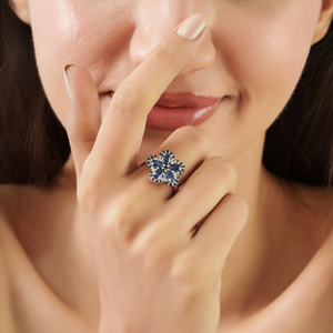 Bague de cocktail en argent sterling 925 en forme de fleur, saphir bleu naturel, style romantique pour femme, bijoux fins - Product Image 2