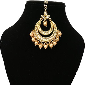 Ethnic Style Alloy Maangtikka With <b>Blue</b> <b>Beads</b> And Pearl Chain Handmade For Wedding Bridal Occasion - Product Image 3