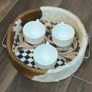 Plateau de présentation en cuir floral grand format à motif à carreaux, fait main, plateau de service moderne de luxe pour hôtel, organisateur de bureau, plateau décoratif - Product Image 4