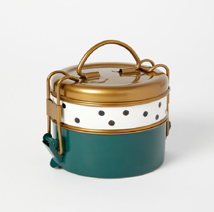 Navy blue tiffin <b>box</b>, 3 tier floral blossom vintage <b>lunch</b> <b>box</b>, porcelain style metal food carrier, available at wholesale prices - Product Image 2