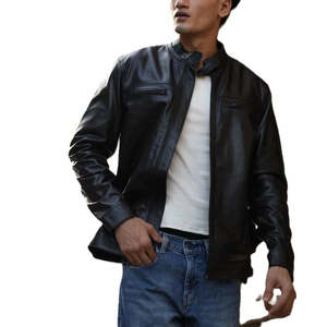 Veste en cuir classique noire pour homme, style Café Racer, avec col mandarin - Product Image 1