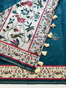Sari en coton Chanderi imprimé numériquement avec bordure tissée Jari Patti, pompons Fumka faits à la main, sari traditionnel à enfiler rapidement - Product Image 6