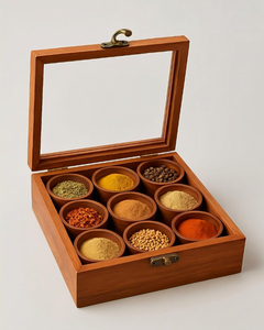 Handcrafted Wooden Spice <b>Box</b> 9 Compartment <b>Masala</b> Dabba with Glass Lid Traditional Kitchen Spice Storage Organizer - Product Image 1