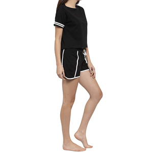 Women's Black <b>2</b>-<b>Piece</b> Sporty <b>Set</b> Short Sleeve Crop Top With <b>White</b> Trim High Waisted Shorts Solid Knitted Breathable Spring - Product Image 3