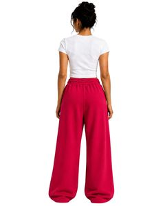 Pantalones de chándal anchos de cintura alta para mujer, color rojo cereza, estilo casual, holgados, de felpa, con cordón y bolsillos. - Product Image 2