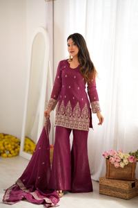 Conjunto de Traje Elegante para Mujer, Color Granate, de Algodón Tejido, Bordado, Sin Arrugas, Corte Holgado, Largo, para Primavera - Product Image 2