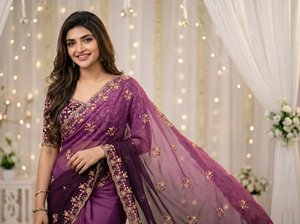 <b>Purple</b> Embroidered Silk <b>Saree</b> for Women Traditional Wedding Wear Floor-Length Regular Fit Indian Pakistani Style Sun Protection - Product Image 4