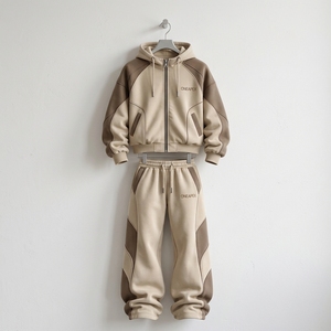 Ensemble de survêtement personnalisé pour homme beige et marron, veste à capuche zippée, pantalon de jogging, color block, streetwear premium, vente en gros OEM, vêtements de sport - Product Image 3