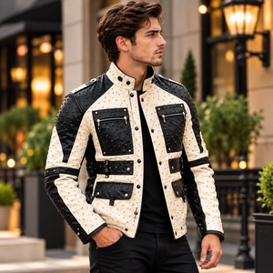 Chaqueta de Motero de Cuero con Tachuelas para Hombre, Estilo Invernal |   Cuello alto, múltiples bolsillos y forro de seda premium - Product Image 3
