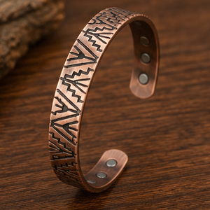 Fashionable Metal Open Cuff Bracelet Handmade Exquisite Geometric Tribal Engraved Design Copper Tone Jewelry - Product Image 2