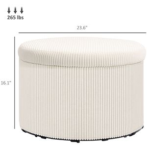 Pouf Contenitore Rotondo da 24 Pollici in Velluto a Coste Beige con Coperchio, Poggiapiedi e Panca per Casa, Ufficio, Soggiorno, Camera da Letto - Product Image 3