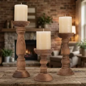 Lot de trois bougeoirs cylindriques élégants en bois massif faits à la main pour la décoration intérieure, mariages et banquets - Product Image 6