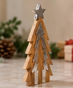 Sapin de Noël en bois superposé fait main avec étoile en métal argenté, décoration d'intérieur pour table - Product Image 5