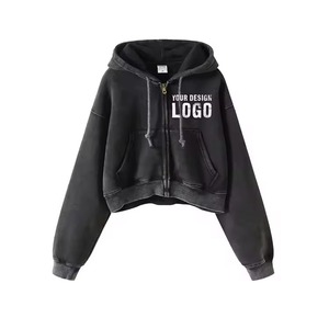 Sweat à capuche unisexe noir court avec fermeture éclair, imprimé logo, coupe oversize, décontracté, automne, 100% coton French Terry - Product Image 1