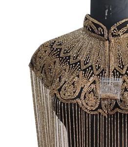 Trendy Vintage Hand Embroidered <b>Sequined</b> Beaded V-neck Breathable Mesh ODM Spring Poncho/Blouse Gold embellishment - Product Image 2