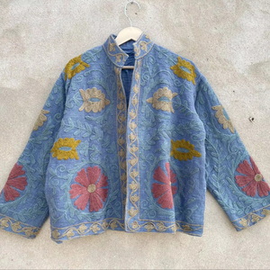 Women Blue Cotton Hand Embroidered Boho <b>Jacket</b> Floral Kashmiri Suzani Style Ethnic <b>Short</b> Coat Outerwear - Product Image 1