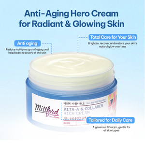 Crème riche en collagène Millford Vita A 80ml, boîte, hydratant pour le visage coréen, tous types de peau, végétalien, anti-rides, raffermissant, anti-âge - Product Image 6