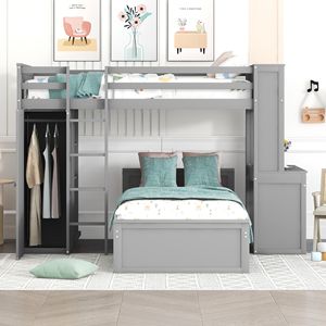 Letto a soppalco singolo con scaffali indipendenti, scrivania e armadio in grigio per bambini - Product Image 2