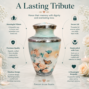 Floral Cremation Urn for Human Ashes | Butterfly <b>Memorial</b> <b>Keepsake</b> | Adult Funeral Burial Urn with Secure Lid | Elegant - Product Image 5