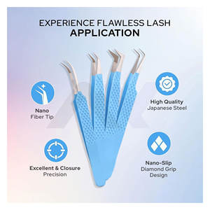 Pinzas Profesionales Color Verde Azulado para Extensiones de Pestañas, Agarre de Diamante, Acero Inoxidable, Punta de Fibra, Juego de 4 Piezas - Product Image 6