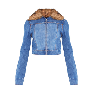 Veste universitaire de motard en cuir avec garniture en fourrure délavée grise personnalisée pull d'hiver surdimensionné pour Femme chemises en Jean Bomber de style général pour femmes - Product Image 5