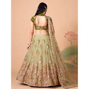 Attachant Pastel Vert Miroir Travail Net Party Wear Lehenga Choli - Product Image 3