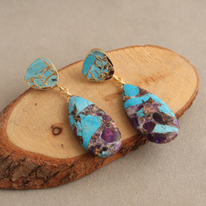 Wholesale mohave purple & blue copper turquoise <b>earrings</b> handmade gold plated <b>post</b> back <b>earring</b> dangle drop copper <b>earrings</b> - Product Image 3