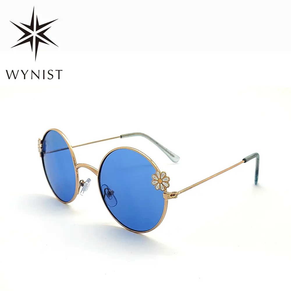 Girls Round Mirrored Blue Baby Sunglasses Gold Metal Kids Sun Glasses Flower