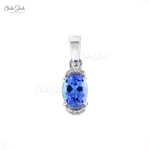 จี้เพชรแทนซาไนต์ทรงรีขนาด 7x5 มม. ดีไซน์มินิมอล ตัวเรือนทองคำขาว 14k แบบครึ่งกรอบ จี้เรียบหรู เหมาะเป็นของขวัญวันครบรอบ - Product Image 4