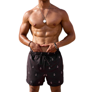 Short de bain noir pour homme, imprimé ancre, logo frontal, 100 % polyester, séchage rapide, taille élastique avec cordon de serrage, décontracté, été, natation, usage quotidien - Product Image 1