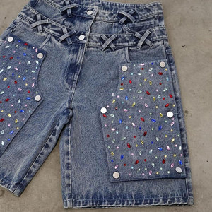 High Waist Denim Bermuda <b>Shorts</b> With <b>Sequined</b> Pockets Men's Casual Woven Cotton <b>Shorts</b> Button Fly Style - Product Image 5