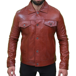 <b>Men</b> Genuine <b>Leather</b> <b>Jacket</b> <b>Brown</b> Turn-down Collar Button Closure Regular Fit Casual Autumn Style Solid Color - Product Image 1